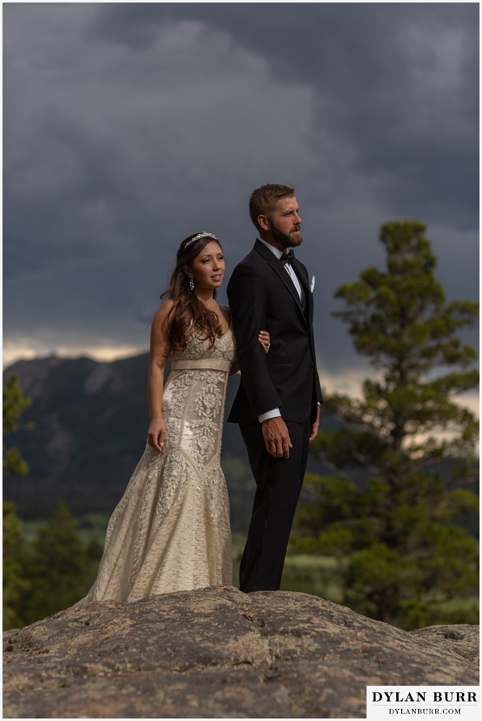 rocky mountain national park wedding elopement colorado wedding photographer dylan burr bride and groom looking out and looking gorgeous