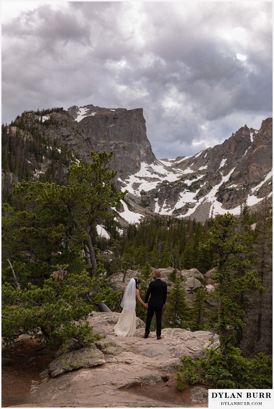 rocky mountain national park wedding elopement colorado wedding photographer dylan burr bride and groom wide view of Hallet Peak