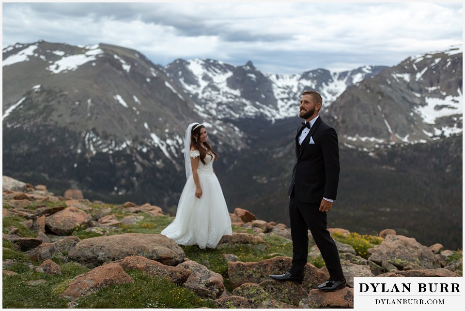 rocky mountain national park wedding elopement colorado wedding photographer dylan burr bride and groom in mountains together