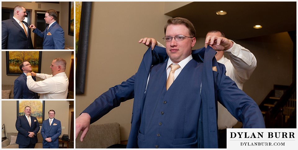 groom putting on suit