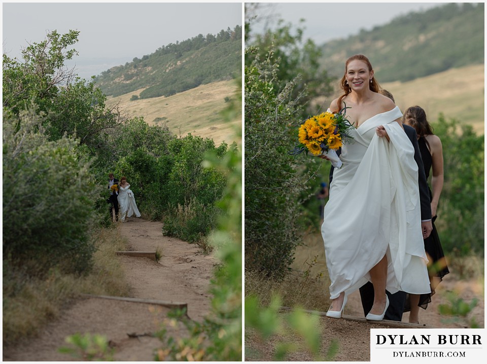 roxborough state park elopement wedding bride coming up trail to ceremony