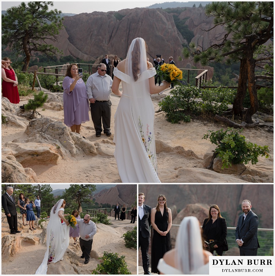 roxborough state park elopement wedding bride entering ceremony at lyons overlook