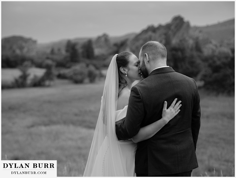 roxborough state park elopement wedding black and white of couple with rock formations in background