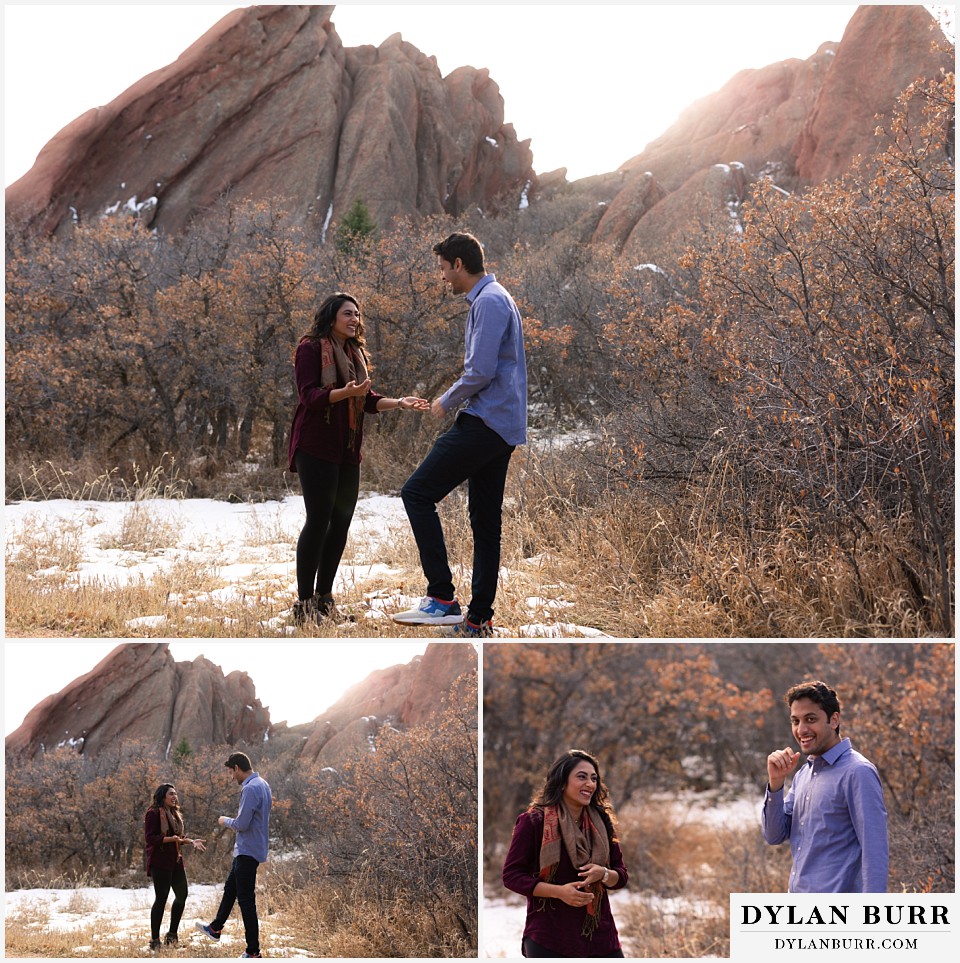 roxborough state park engagement photo session couple laughing together near huge red rock formations