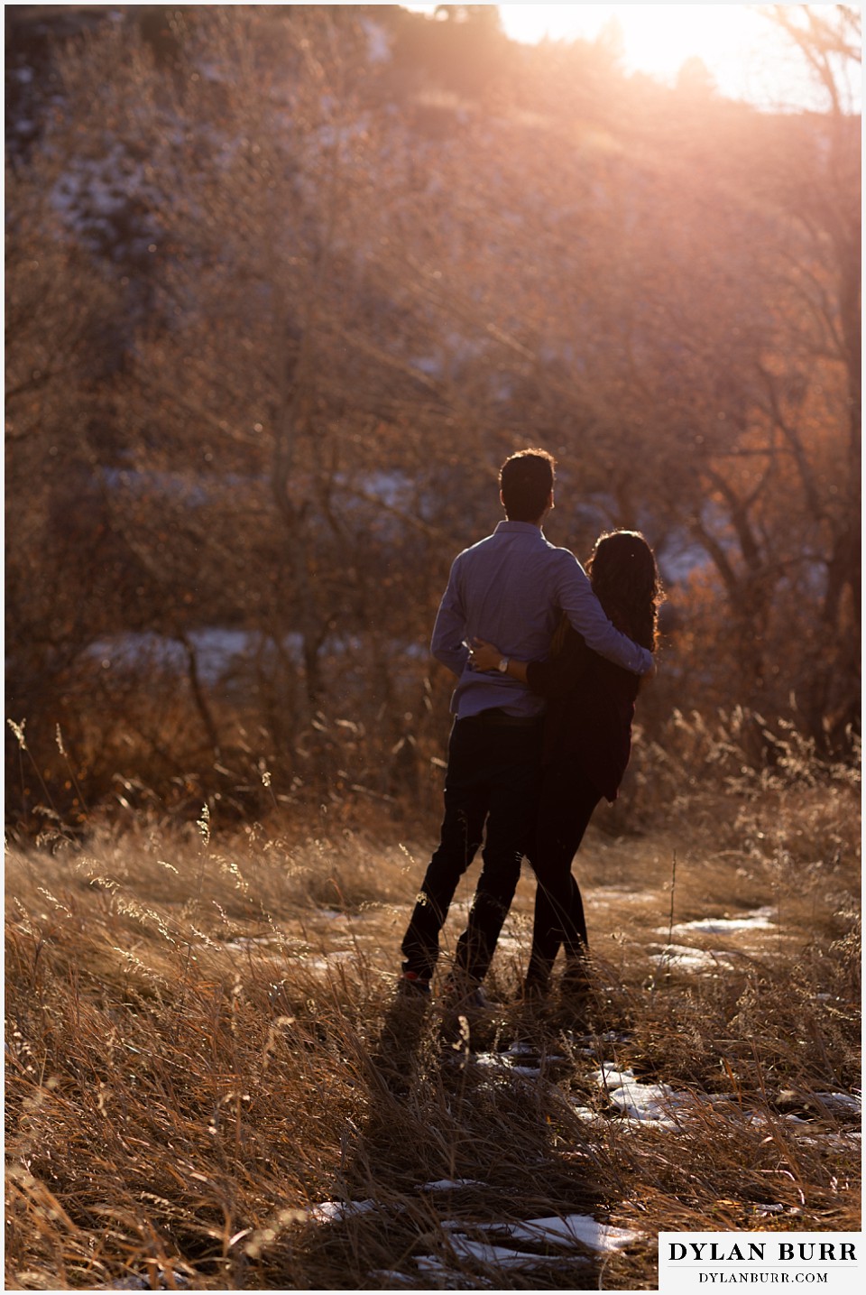 roxborough state park engagement photo session couple in tall grass meadow with snow watching sunset