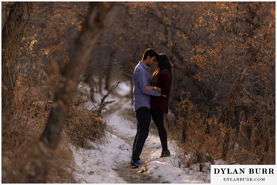 roxborough state park engagement photo session couple getting in close in the fall sunlight