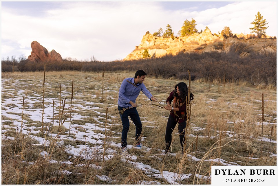 roxborough state park engagement photo session cattail fight