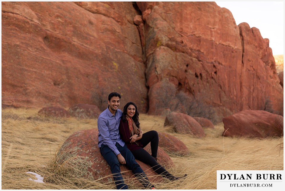 roxborough state park engagement photo session attractive indian couple with interesting rock formations around them