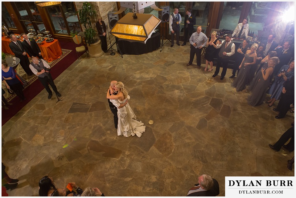 sanctuary golf course wedding wide aerial view of the bride and groom first dance