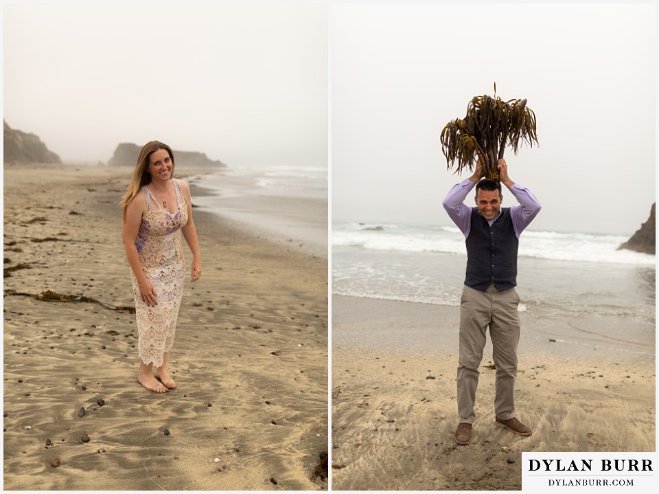 santa cruz california elopement wedding adventure groom having some fun with sea kelp