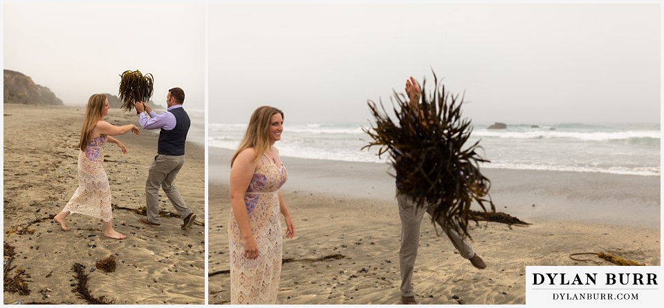 santa cruz california elopement wedding adventure groom throwing sea kelp at photographer