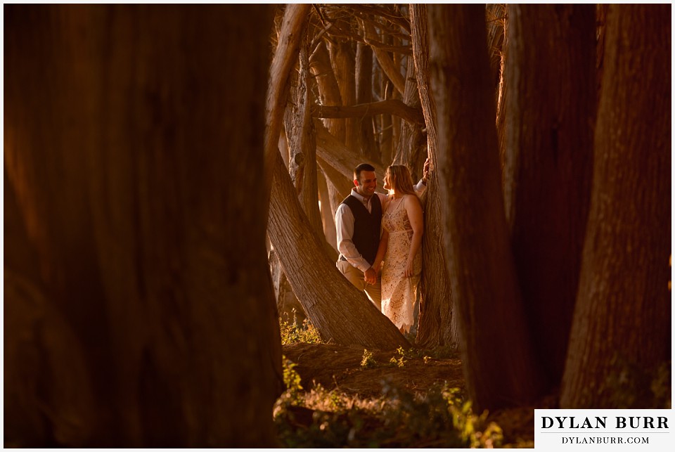 santa cruz california elopement wedding adventure bride and groom cypress tree tunnel at sunset