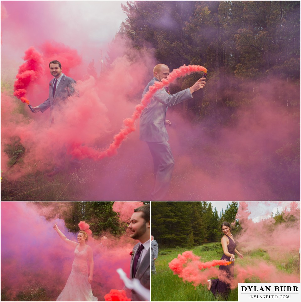 colorado mountain wedding silverlake lodge smoke bombs bridal party