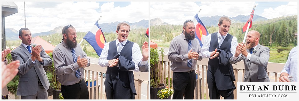 silverpick lodge wedding durango colorado groomsmen on patio