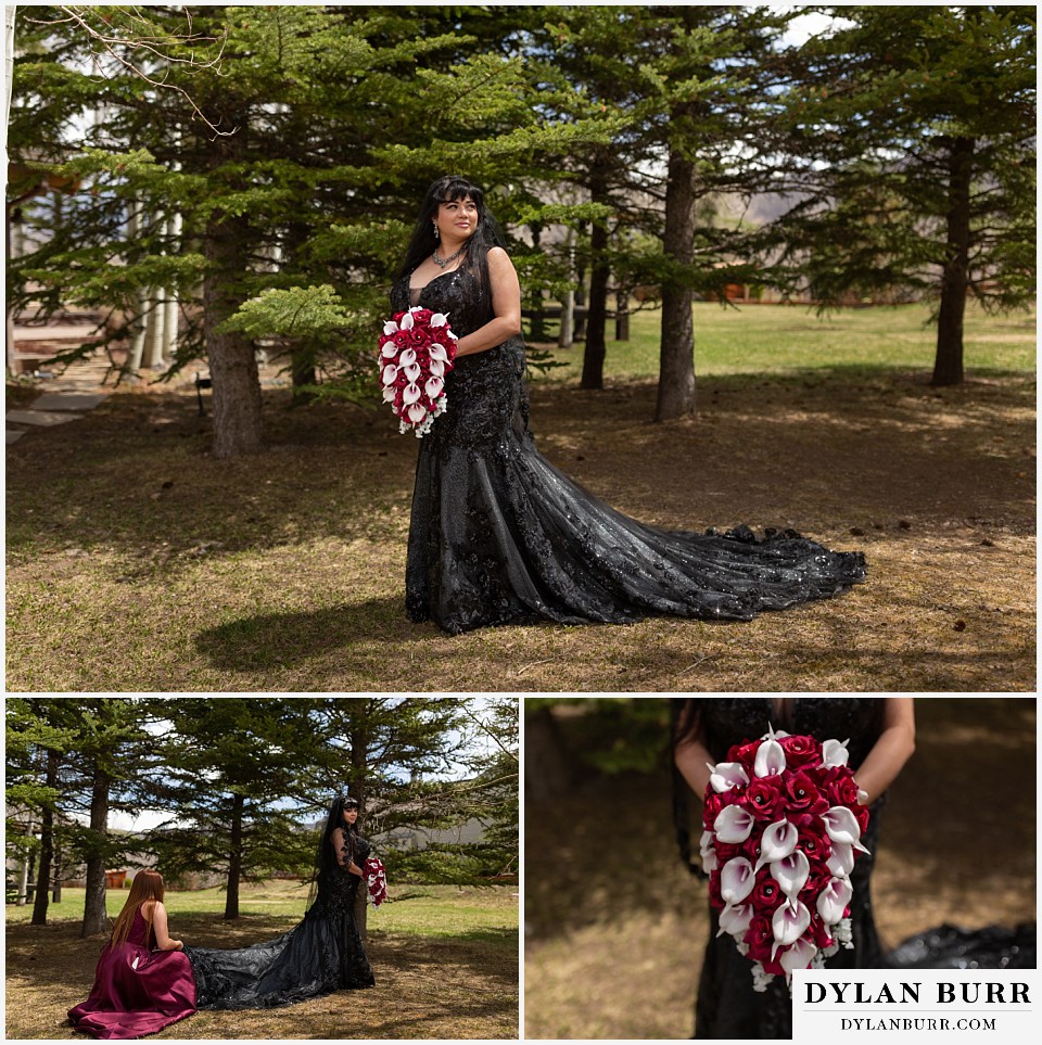 bride wearing black wedding dress in mountains of colorado