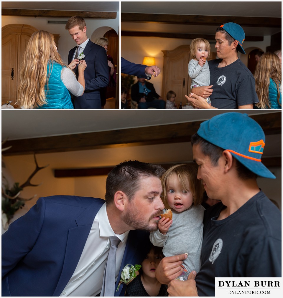 sonnenalp vail wedding groom snacking on nephew's donut