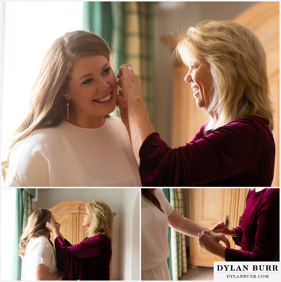 sonnenalp vail wedding mother of bride helping daughter get ready
