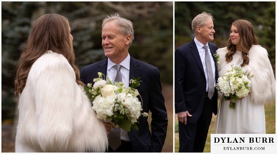 sonnenalp vail wedding bride and dad having a laugh before wedding ceremony