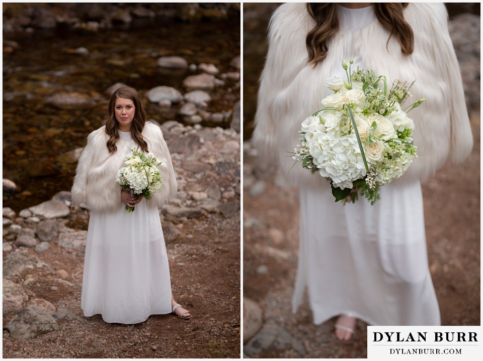 sonnenalp vail wedding bride in faux fur shawl with bouquet