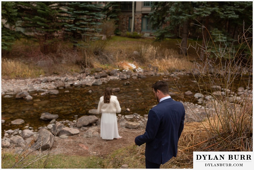 sonnenalp vail wedding groom walking down to bride for first look