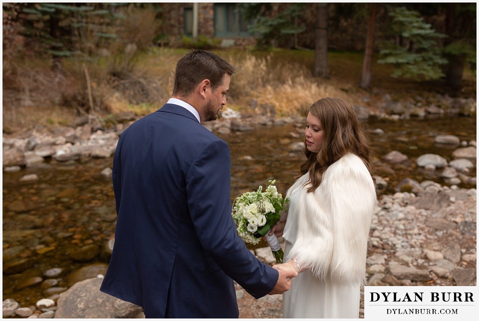 sonnenalp vail wedding bride and groom talking together before ceremony