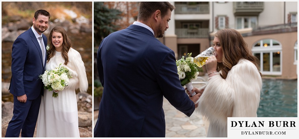 sonnenalp vail wedding bride groom first look sharing a beer