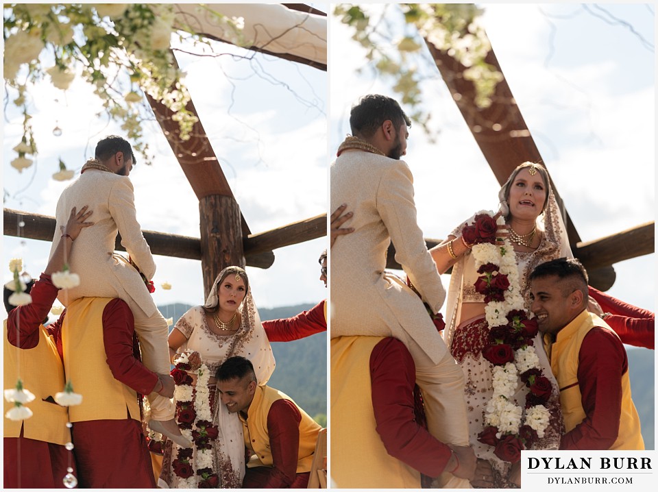 spruce mountain ranch wedding indian wedding bride being picked up by groomsmen