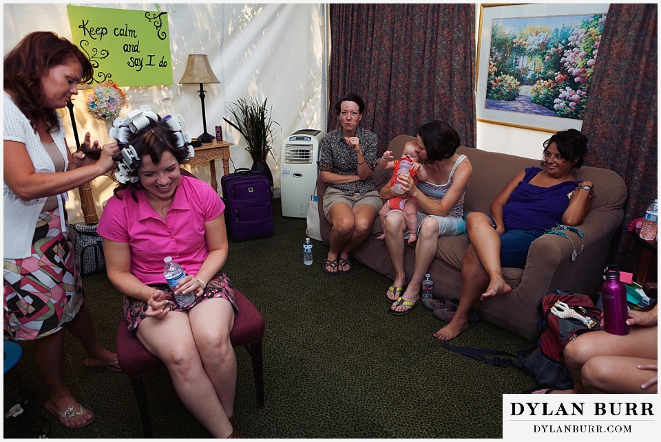 stone mountain lodge wedding bride and bridesmaids getting ready in tent