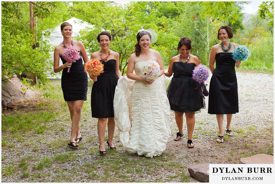 stone mountain lodge wedding bride and bridesmaids walking together