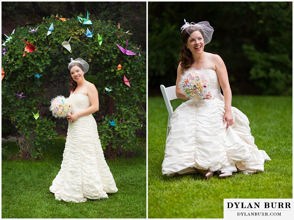 stone mountain lodge wedding bride with origami crane decorated archway