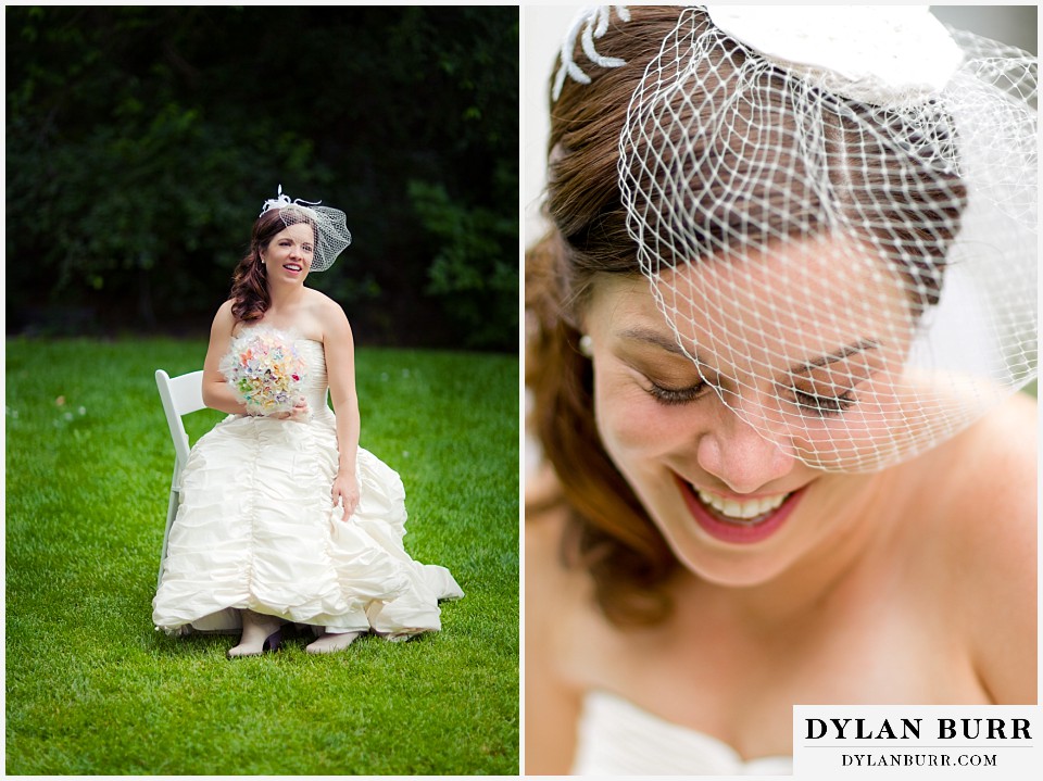 stone mountain lodge wedding bride sitting in chain on lawn and soem close up veil details