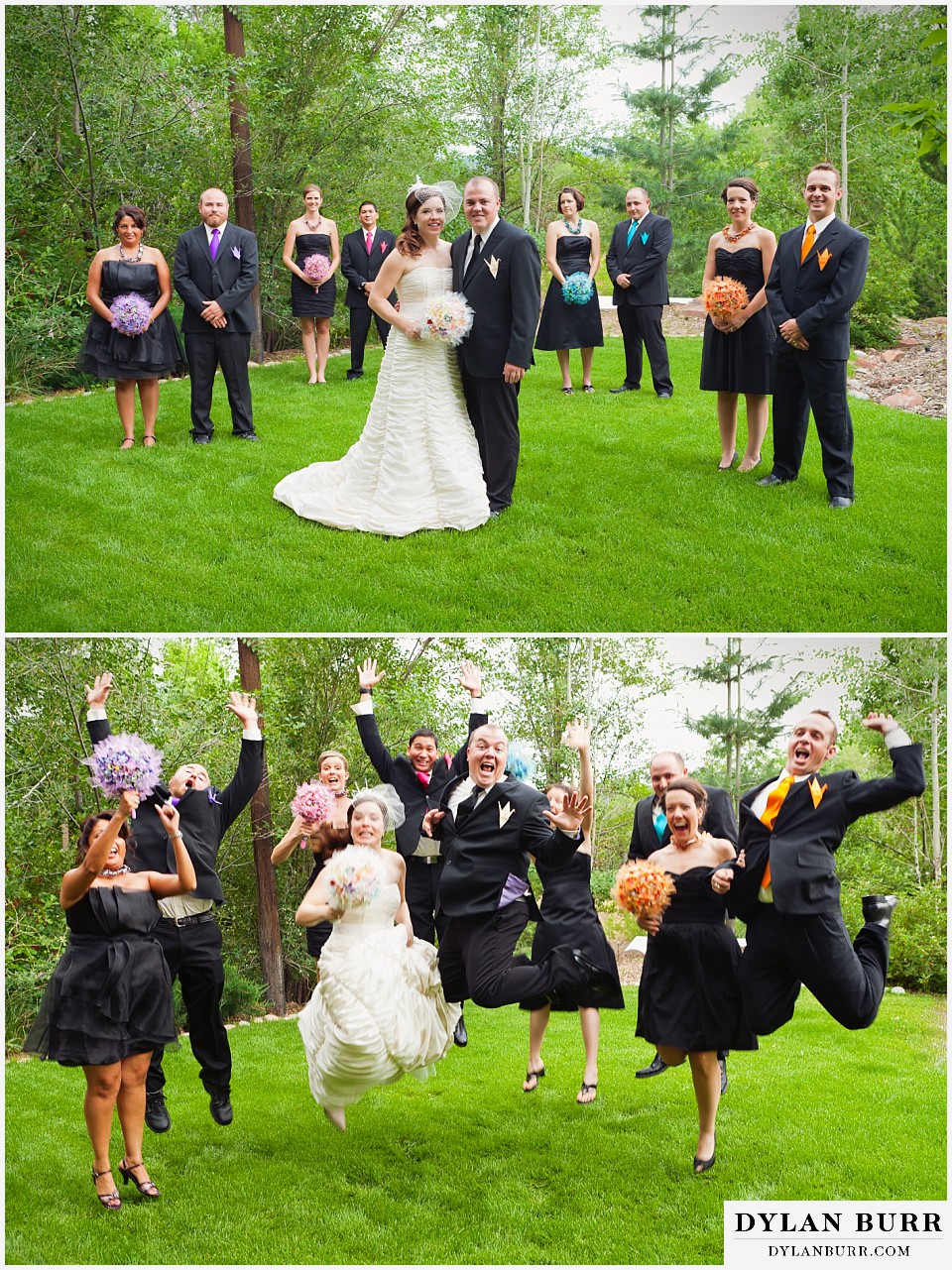 stone mountain lodge wedding bride and groom with bridal party jumping fun photos