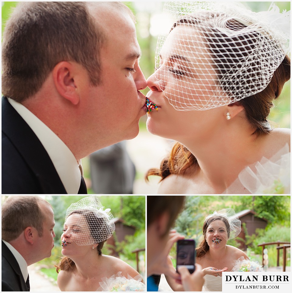 stone mountain lodge wedding bride kissing groom with color sprinkles on lips