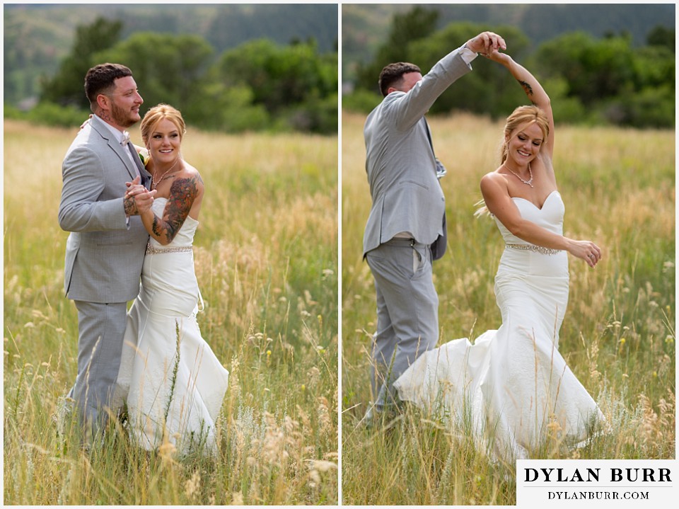 bride and groom dancing in the prairie