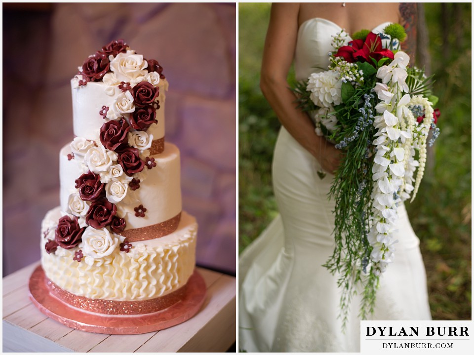 wedding cake and bouquet