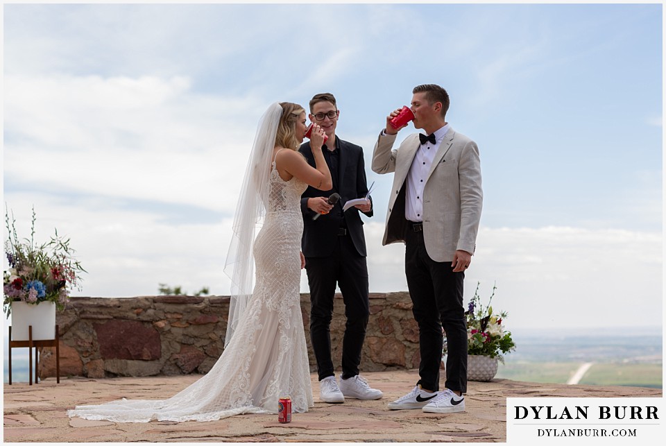 colorado beer wedding toast at sunrise amphitheater