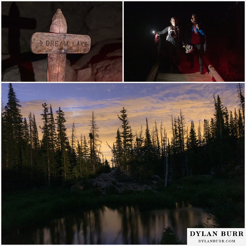 sunrise hike elopement to dream lake long exposure shot with stars of trees and lake