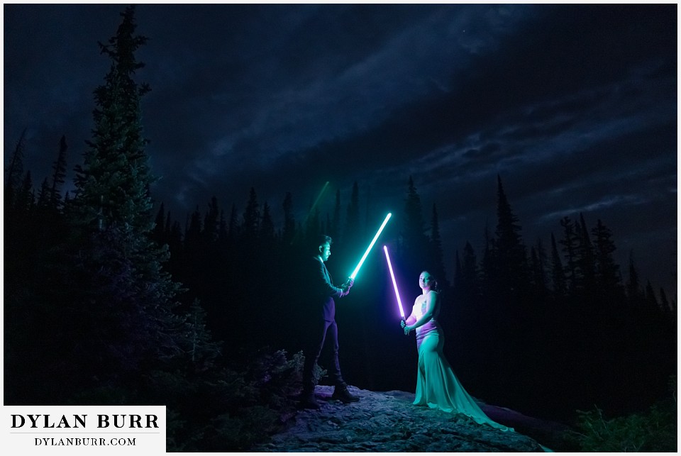 sunrise hike elopement to dream lake lightsaber battle at night