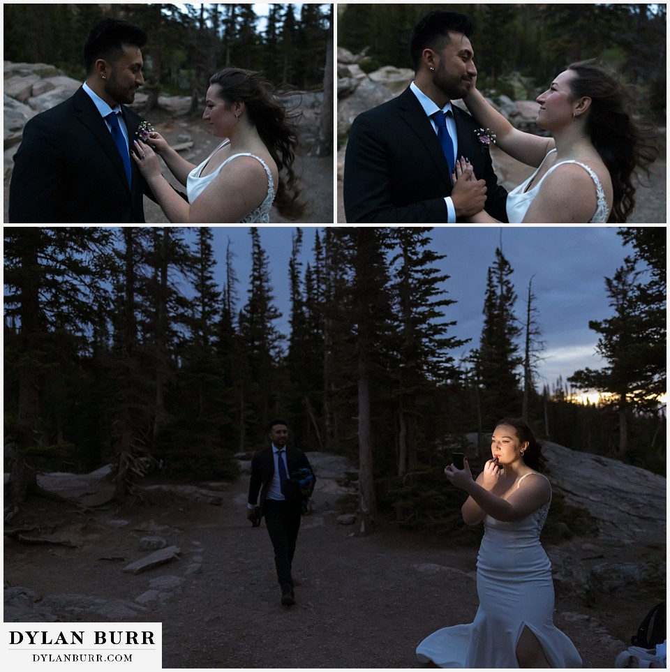 sunrise hike elopement to dream lake bride getting ready before the sun comes up
