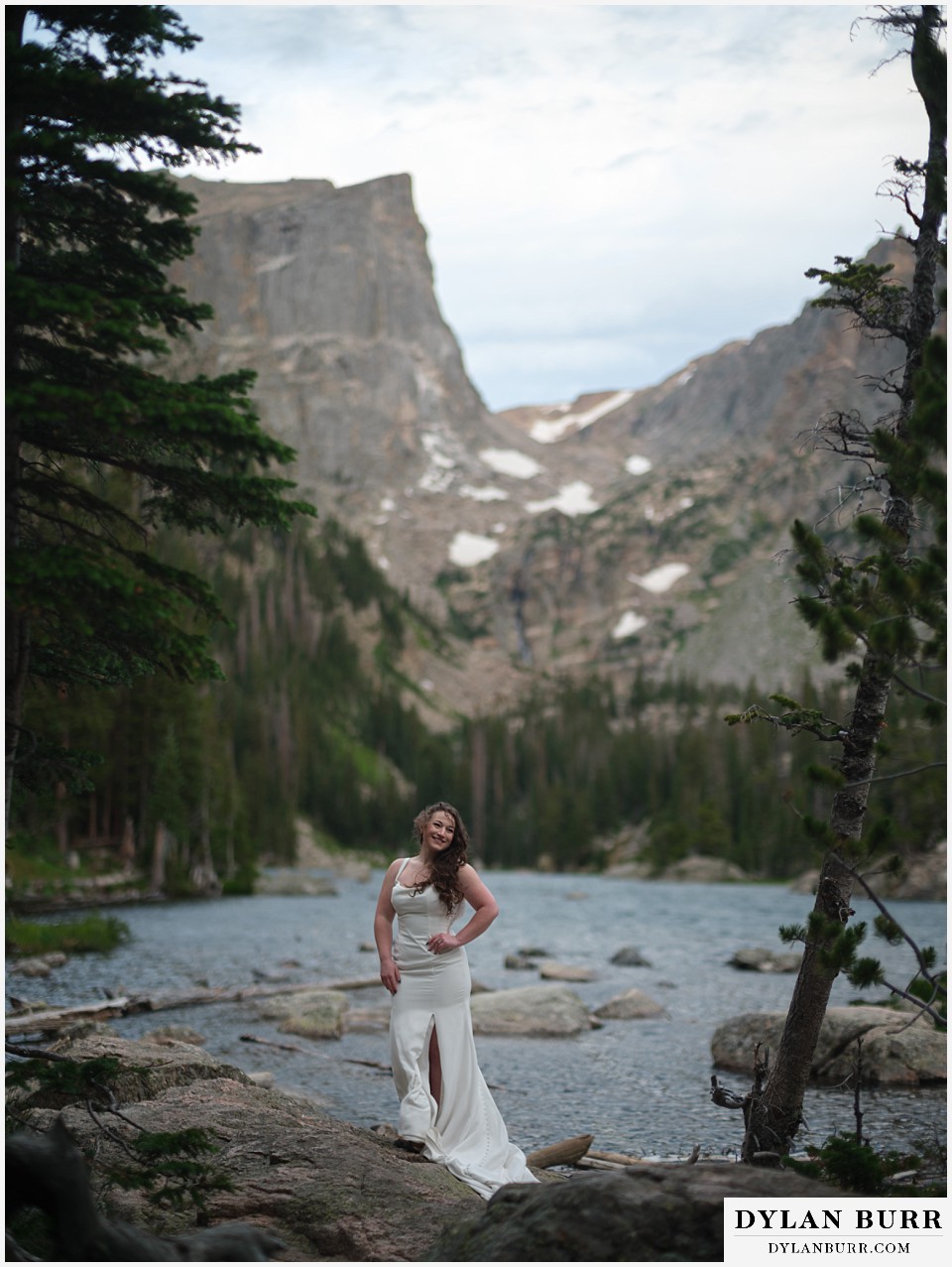 sunrise hike elopement to dream lake bride alone