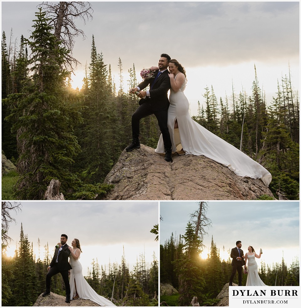 sunrise hike elopement to dream lake champagne toast