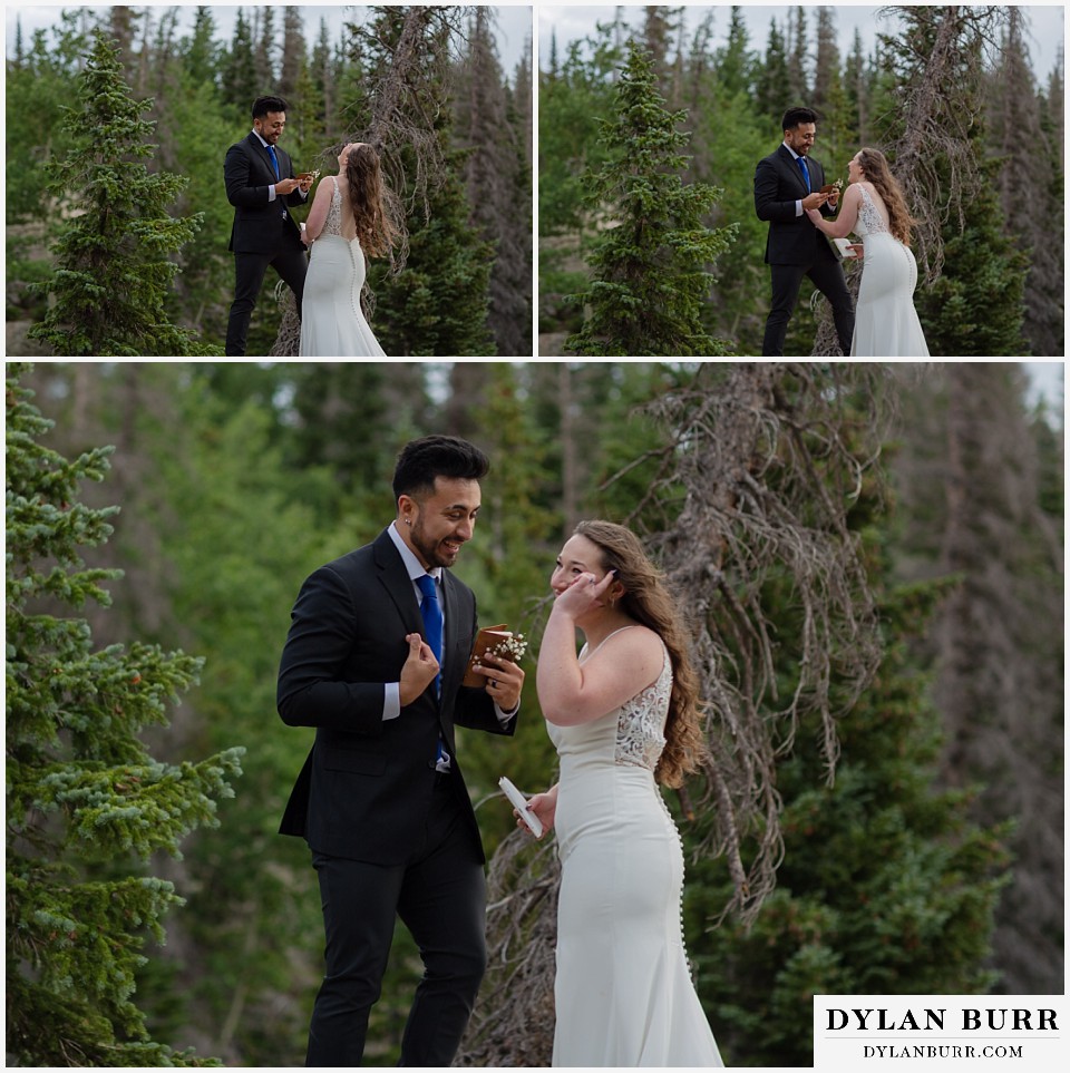 sunrise hike elopement to dream lake groom reading vows and laughing together
