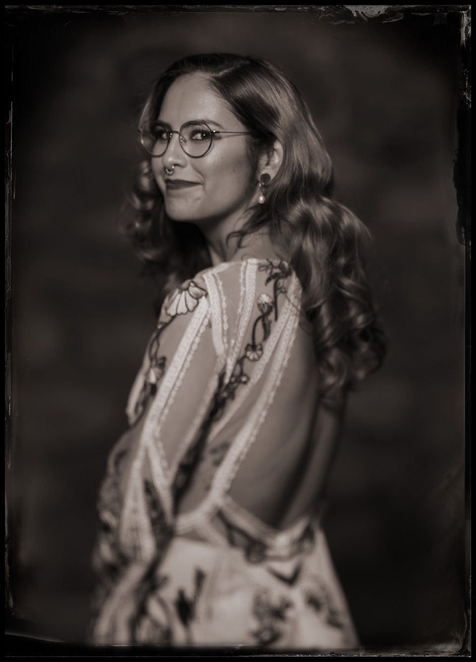 black and white tintype photo of bride at wedding in buena vista colorado