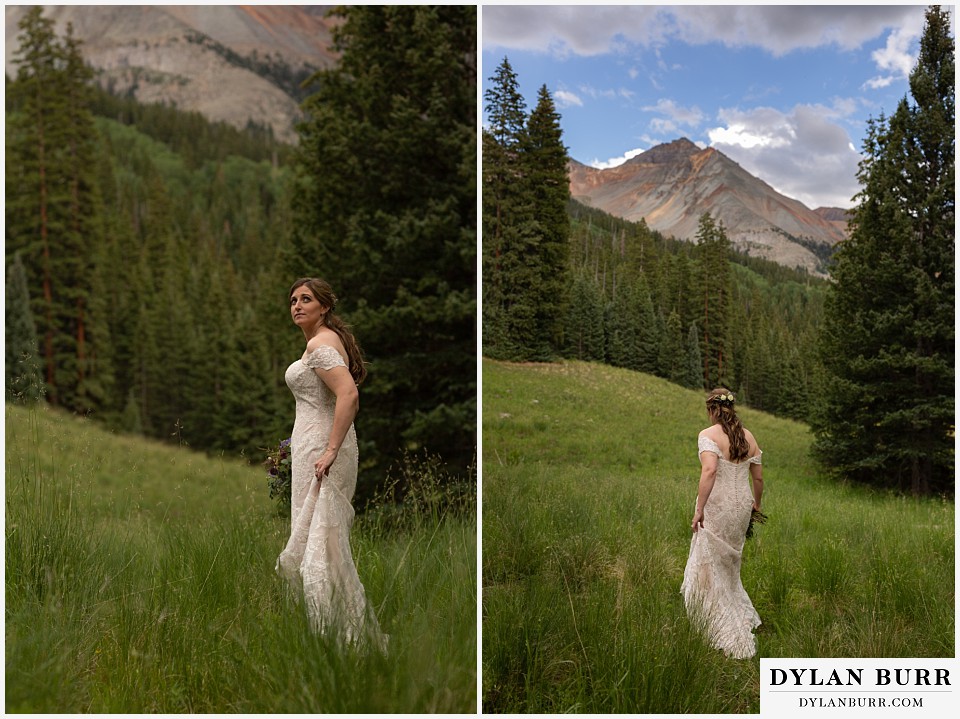 telluride colorado elopement wedding adventure bride walking through field in mountains