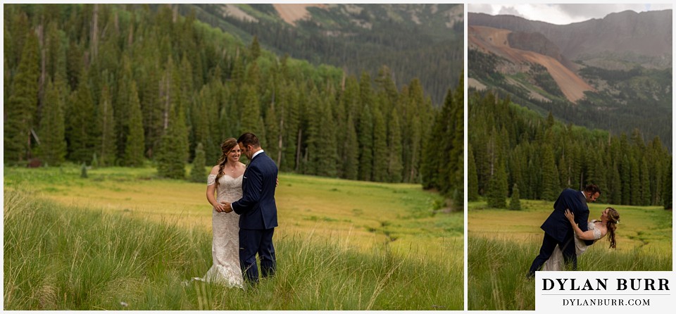 telluride colorado elopement wedding adventure bride and groom dancing dipping her