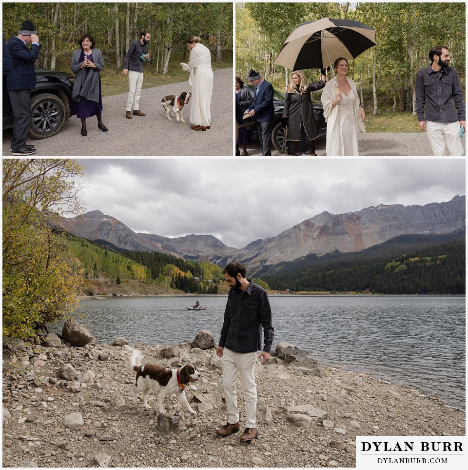 telluride trout lake elopement wedding cermony setup before rain