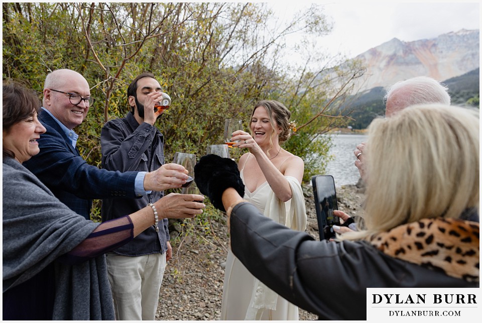 telluride trout lake elopement wedding whiskey and wine toast with family