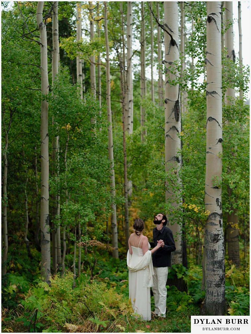 telluride trout lake elopement wedding couple riding out the rain in the aspen trees