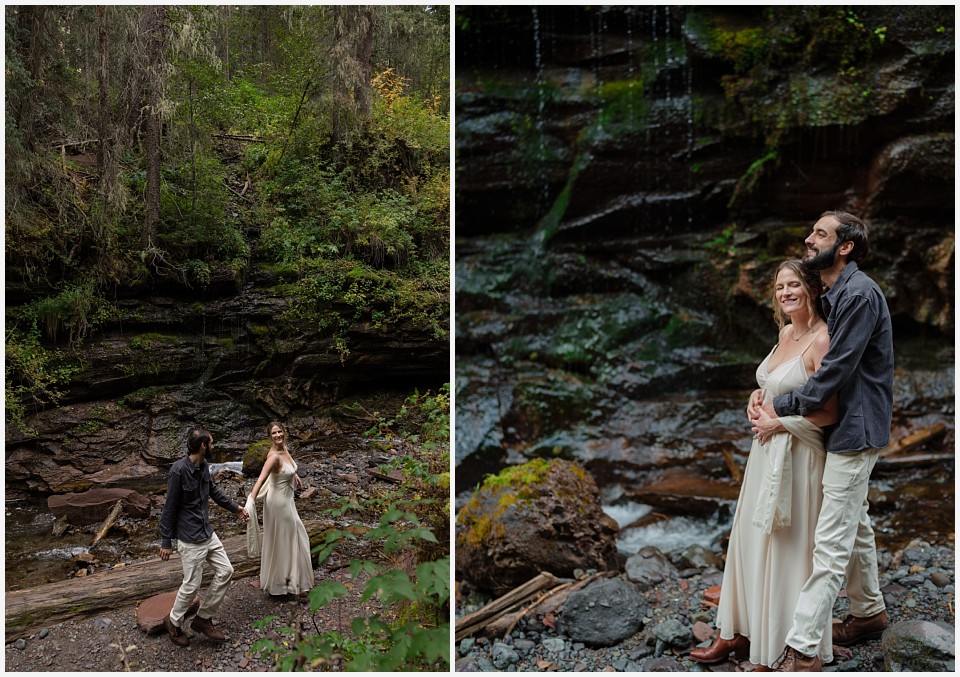 telluride elopement wedding couple taking a minute together by a mini waterfall