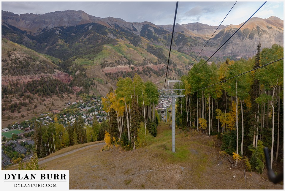 telluride elopement wedding gondola view down towards Telluride